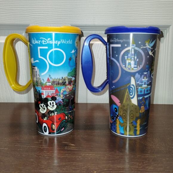 Set of Two Walt Disney World 50th Anniversary Whirly Refillable Mugs & Lids - Picture 1 of 9